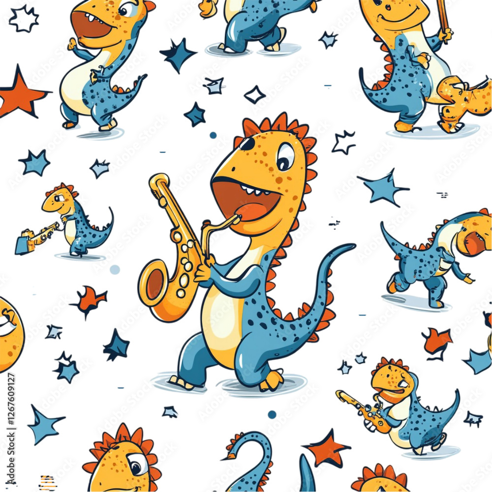 Fototapeta premium Playful Dinosaurs Jamming Saxophones Joyful Music Cartoon