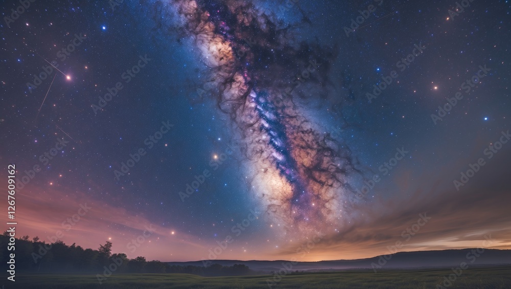 Fototapeta premium Stunning Milky Way Galaxy with Long Exposure and Visible Details Over a Serene Landscape Featuring Empty Space for Text Overlay
