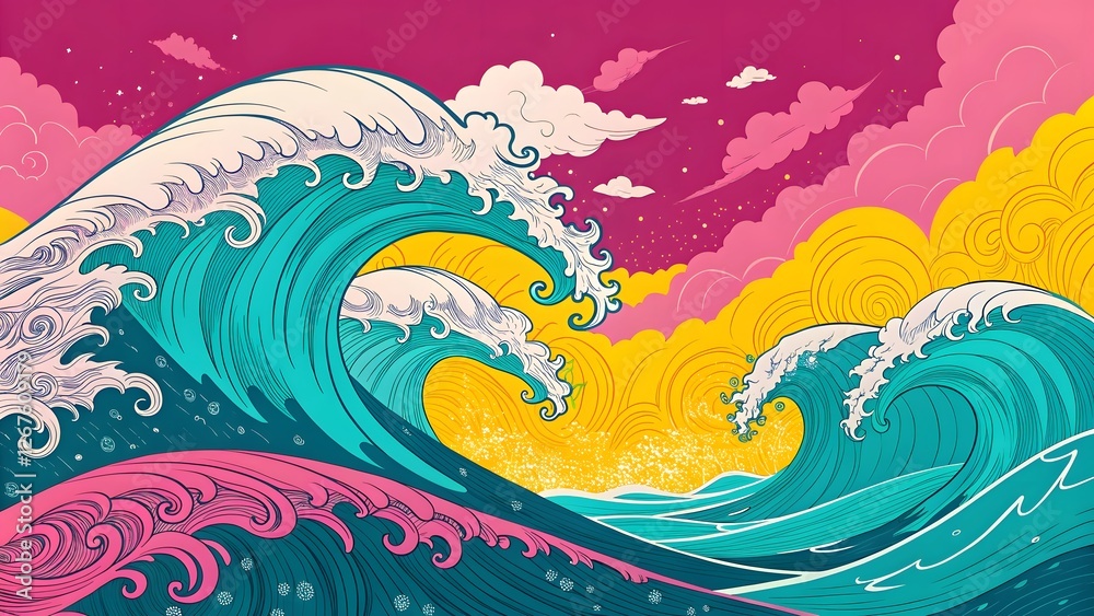 Obraz premium Colorful Waves Illustration with Vibrant Sky and Ocean Scene