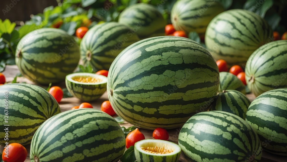Summer Harvest of Fresh Ripe Watermelons Surrounded by Cherry Tomatoes with Empty Space for Creative Text or Design Elements Summer Harvest of Fresh Ripe Watermelons Surrounded by Cherry Tomatoes with Empty Space for Creative Text or Design Elements