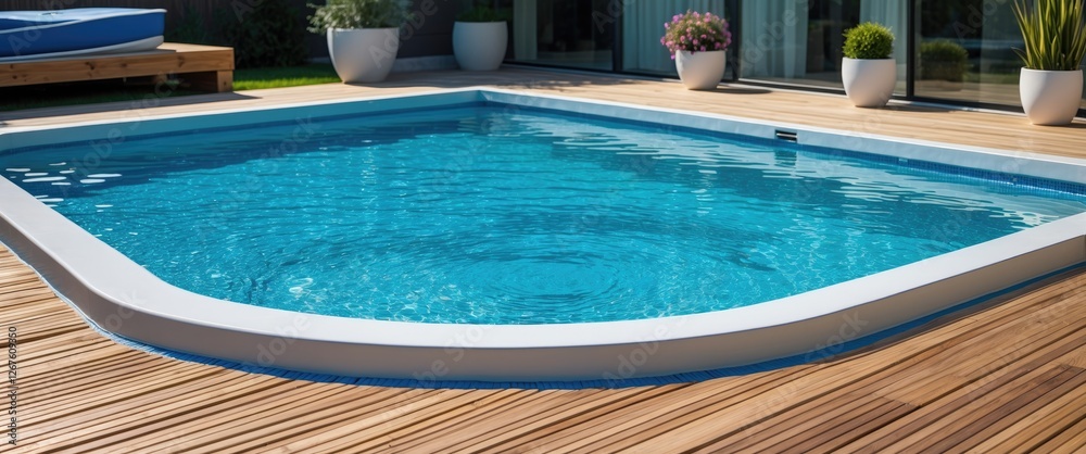 Modern Fiberglass Swimming Pool with Clear Blue Water and Teak Decking in Bright Summer Sunlight Ideal for Resort or Home Outdoor Spaces Modern Fiberglass Swimming Pool with Clear Blue Water and Teak Decking in Bright Summer Sunlight Ideal for Resort or Home Outdoor Spaces