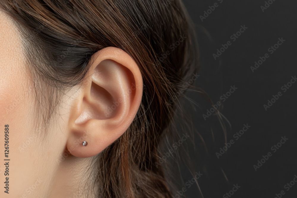 Close-up woman's ear, dark grey backdrop, copy space. Close-up woman's ear, dark grey backdrop, copy space.