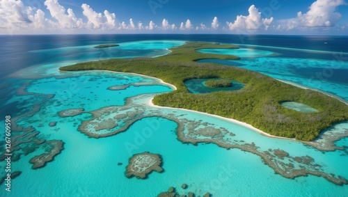 Aerial View of Remote Atoll with Vibrant Turquoise Lagoon and Coral Reefs Surrounded by Lush Greenery and Blue Sky Ideal for Travel Inspiration