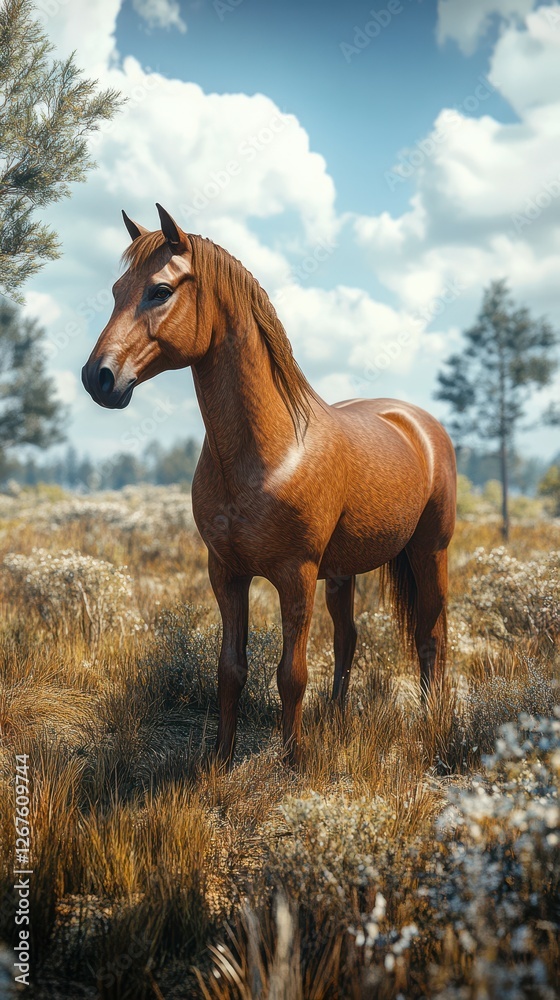 Fototapeta premium Majestic brown horse standing in a sunlit field surrounded by tall grass and wildflowers in a picturesque landscape