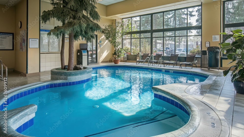 A well-maintained indoor hotel pool with a sleek, modern design and relaxing water features. A well-maintained indoor hotel pool with a sleek, modern design and relaxing water features.