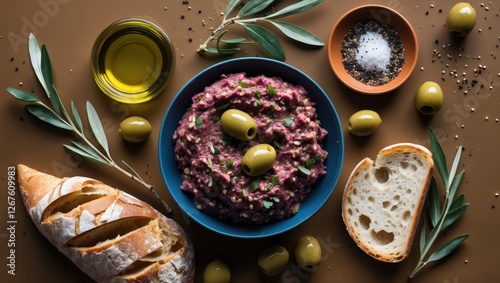 Wallpaper Mural Olive tapenade garnished with olives and herbs served alongside crusty bread and olive oil on a rustic brown background flat lay image. Torontodigital.ca