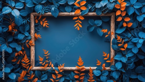 Lush foliage frame with vibrant blue and orange leaves creating a natural background for artistic displays or photo presentations. photo