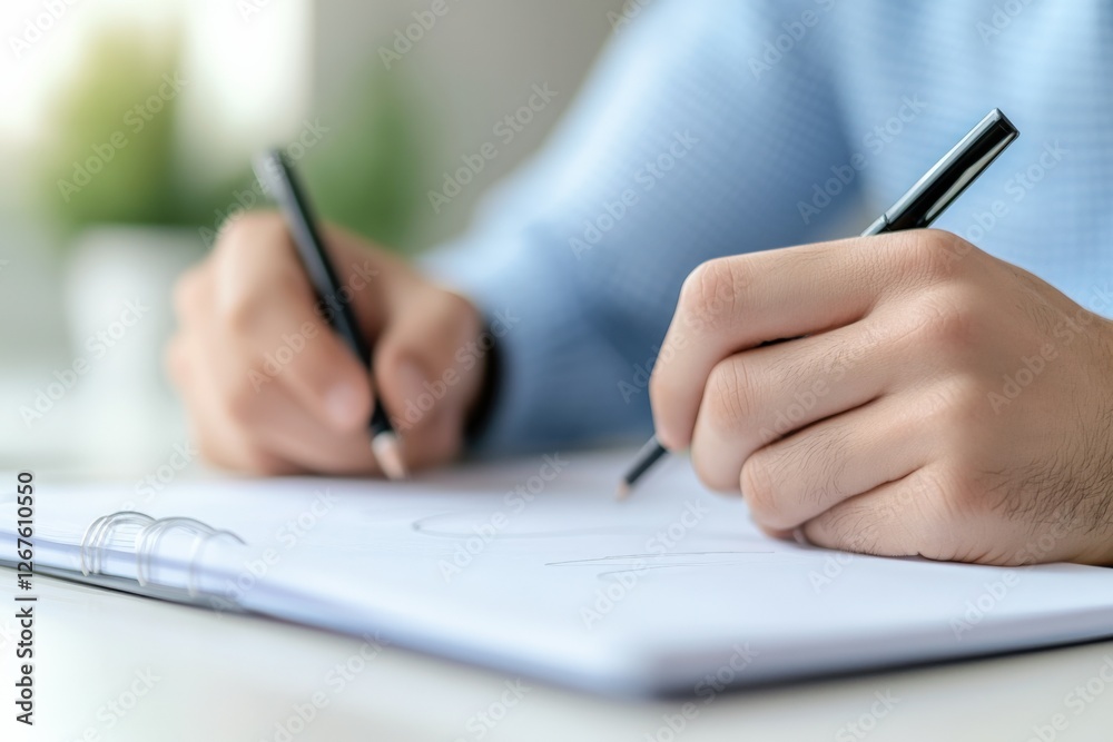 person writing on paper with pens person writing on paper with pens