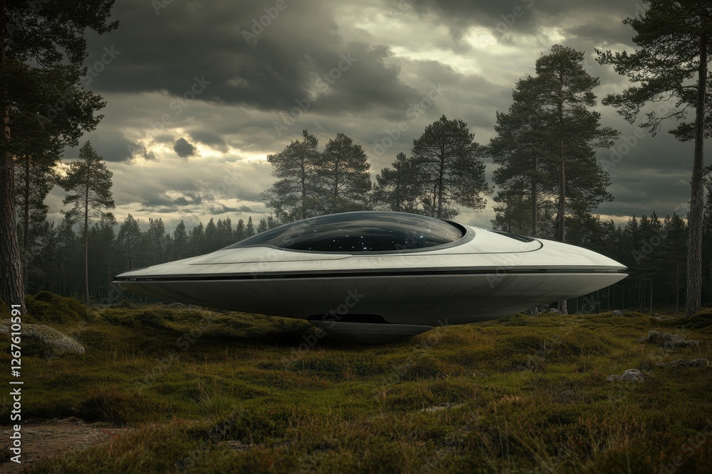 Mystical flying saucer hovering above a serene forest in a cloudy atmosphere Mystical flying saucer hovering above a serene forest in a cloudy atmosphere