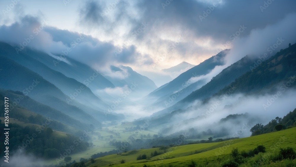 Obraz premium Misty mountains at dawn with lush green valleys and dramatic cloud formations creating a tranquil landscape scene.