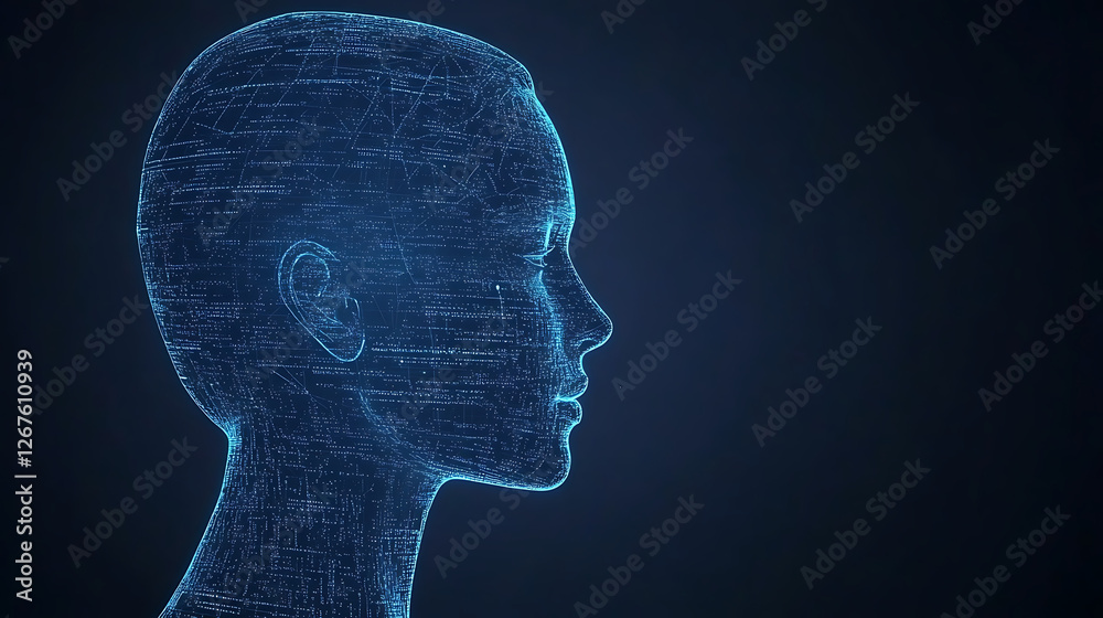 Obraz premium Digital Human Head Profile with Data Visualization in Dark Tech Background Innovation Concept
