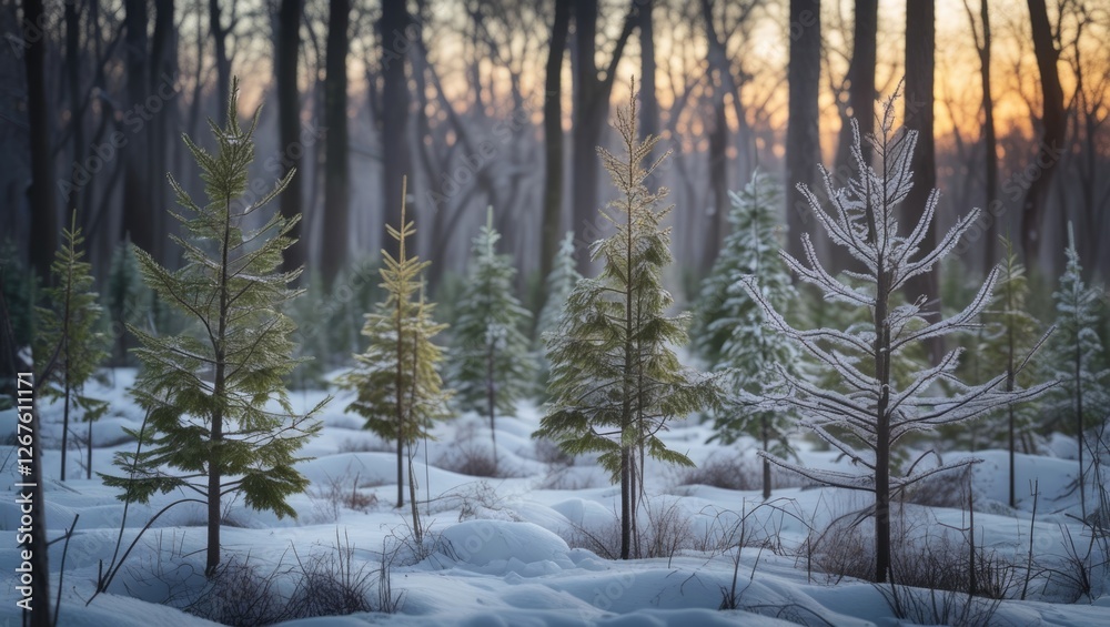 Young evergreen trees blanketed in snow during winter twilight in a serene forest landscape. Young evergreen trees blanketed in snow during winter twilight in a serene forest landscape.