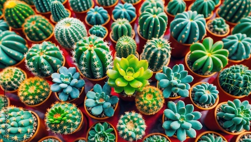 Top-down view of a diverse arrangement of mini cacti and succulents in various shapes and colors showcasing natural beauty and patterns.