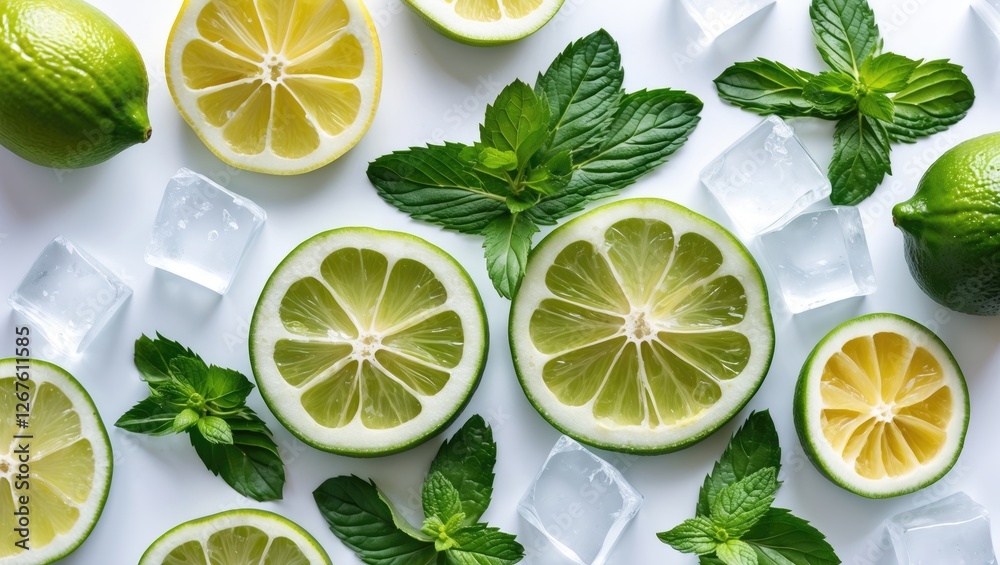 Citrus Lime and Lemon Halves Surrounded by Ice Cubes and Fresh Mint Leaves on White Background for Refreshing Beverage and Culinary Themes Citrus Lime and Lemon Halves Surrounded by Ice Cubes and Fresh Mint Leaves on White Background for Refreshing Beverage and Culinary Themes