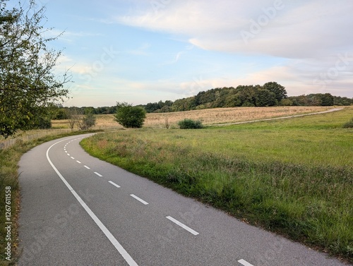 A winding bicycle and pedestrian road stretches into the distance through a rural landscape of fields and trees under a partly cloudy sky, inviting a journey forward 