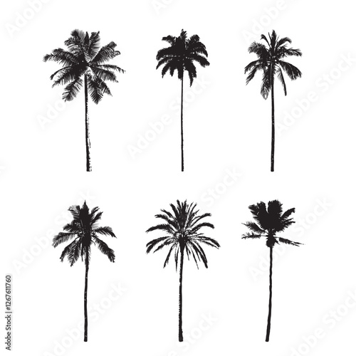 Set of palm trees in black and white silhouette icon vector drawing