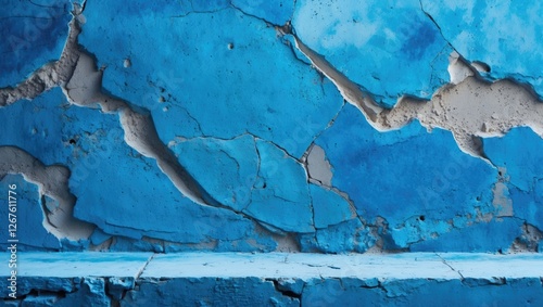 Abstract textured blue concrete wall with cracks and peeling paint for background design and industrial themes. Vintage plaster surface. photo