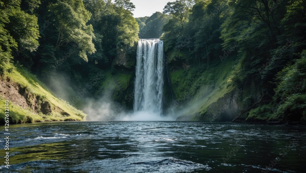 Obraz premium Majestic Waterfall Surrounded by Lush Greenery and Mist Over Serene River in a Natural Landscape Setting
