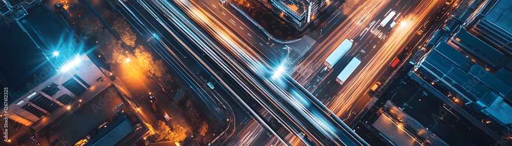 Aerial view of a bustling city interchange at night, illustrating the vibrant traffic flow with illuminated roads, creating a dynamic scene of urban transportation. Aerial view of a bustling city interchange at night, illustrating the vibrant traffic flow with illuminated roads, creating a dynamic scene of urban transportation.