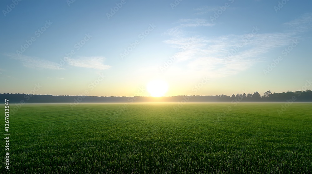 Sunrise over a vast green field and distant trees Sunrise over a vast green field and distant trees