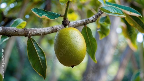 Single green noni fruit hanging on a tree branch surrounded by lush green leaves in a natural setting showcasing organic growth.