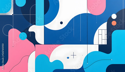 Vibrant Abstract Art with Geometric Shapes and Bold Colors. A dynamic abstract design featuring a composition of bold geometric shapes in vibrant colors, including blues, pinks, and whites.