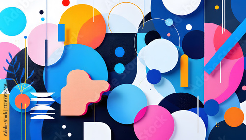 Vibrant Abstract Geometric Shapes Composition. A vibrant and dynamic abstract design featuring a multitude of overlapping geometric shapes in bold, colorful hues.