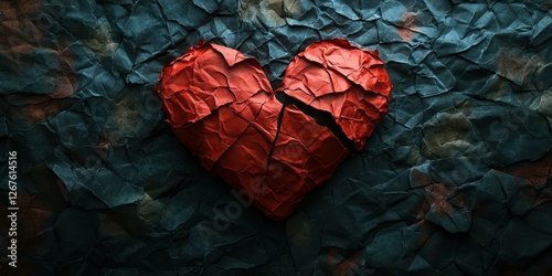 Crumpled red heart symbolizes broken relationships and emotional struggles on textured blue background photo