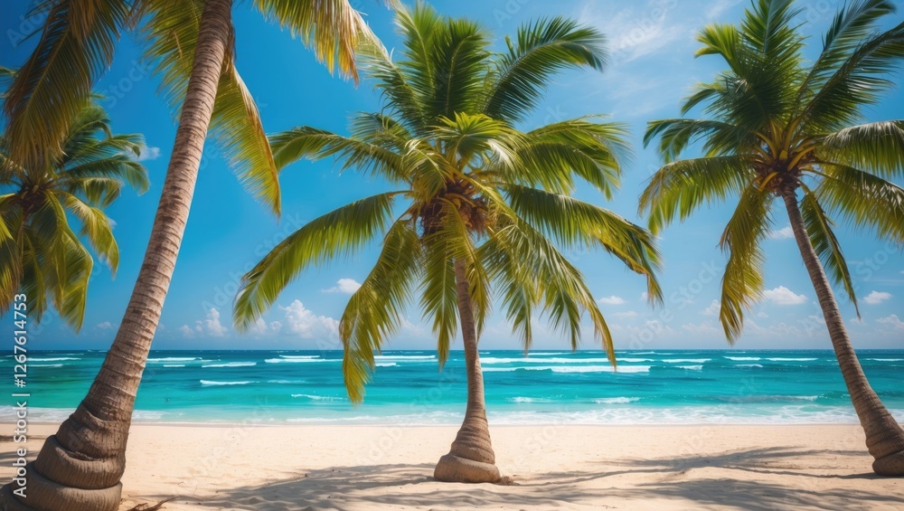 Tropical paradise scene featuring coconut palm trees swaying in the breeze on a sunny beach with clear turquoise waters and sandy shore.