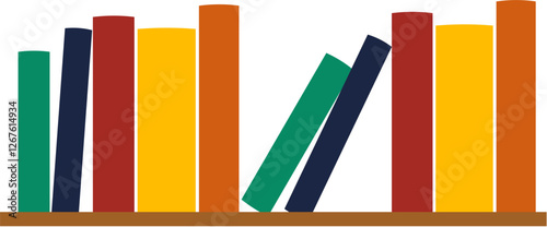 A minimalist vector illustration of colorful books arranged on a wooden shelf. Perfect for educational, library, and reading-related designs.