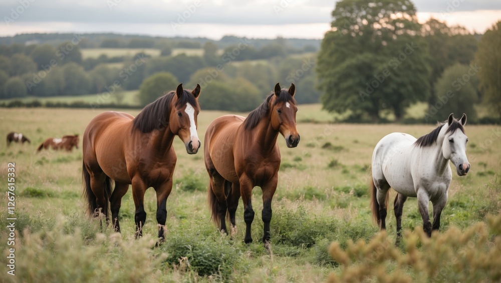 Horses Grazing in a Serene Pasture with Lush Green Landscape and Gentle Hills in the Background Horses Grazing in a Serene Pasture with Lush Green Landscape and Gentle Hills in the Background