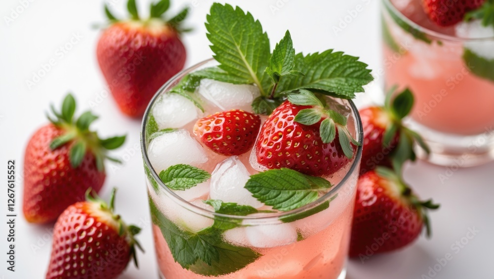 Refreshing Mojito Cocktail with Strawberries and Mint Leaves on White Background with Copy Space for Text or Branding Refreshing Mojito Cocktail with Strawberries and Mint Leaves on White Background with Copy Space for Text or Branding