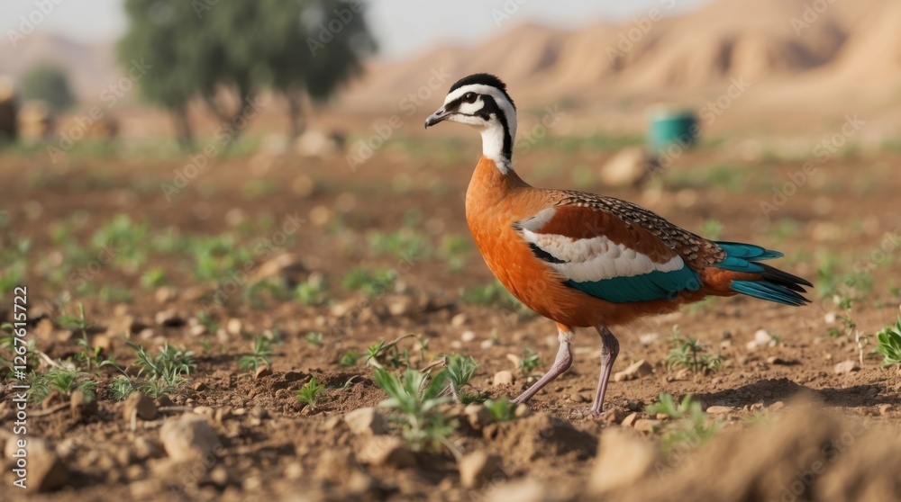 Egyptian Goose walking through a farm landscape showcasing vibrant colors in nature with rolling hills in the background. Egyptian Goose walking through a farm landscape showcasing vibrant colors in nature with rolling hills in the background.