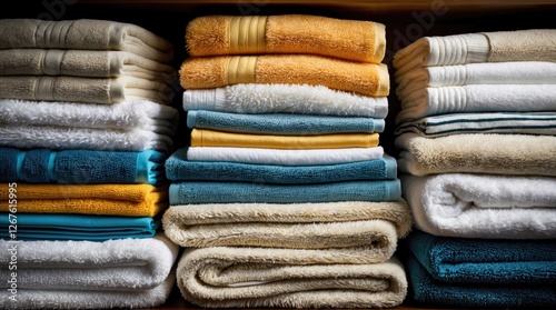 Colorful stack of neatly folded towels showcasing different textures and patterns arranged in a well-organized manner on a wooden shelf.