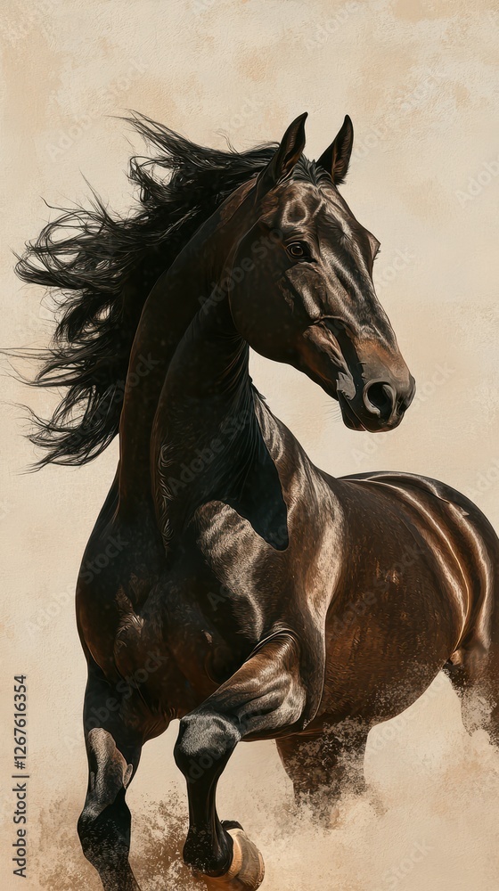 Fototapeta premium Majestic black horse in motion showcasing strength and grace on a textured background