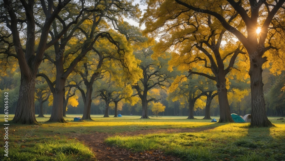 Naklejka premium Autumn forest scene with golden trees and dappled sunlight creating a serene natural landscape perfect for outdoor inspiration.