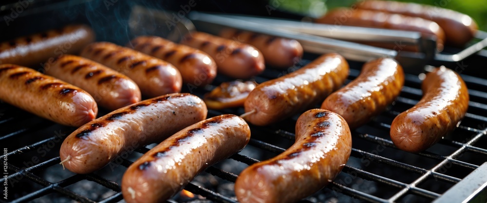 Grilled Chicken Sausages on Barbecue Grill with Tongs Healthy Outdoor Cooking Scene Selective Focus and Empty Space for Text Grilled Chicken Sausages on Barbecue Grill with Tongs Healthy Outdoor Cooking Scene Selective Focus and Empty Space for Text