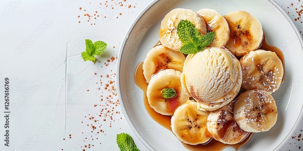 An up-close view of caramelised banana slices with vanilla ice cream and mint garnish on a stark white background having plenty of room for writing or background uses, Generative AI. An up-close view of caramelised banana slices with vanilla ice cream and mint garnish on a stark white background having plenty of room for writing or background uses, Generative AI.