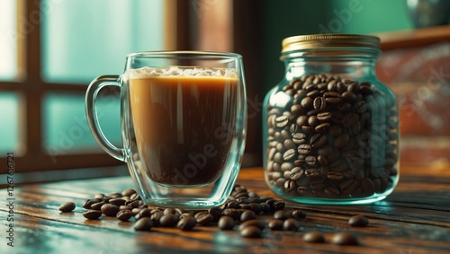 Cold Coffee in Glass Mug with Coffee Beans Jar on Rustic Wooden Table, Dim Lighting, Cozy Atmosphere for CafÃ© or Home Use