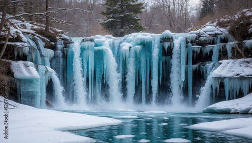 Frozen waterfall cascading over ice formations in a serene winter landscape with a still pool reflecting the cool hues of winter. photo