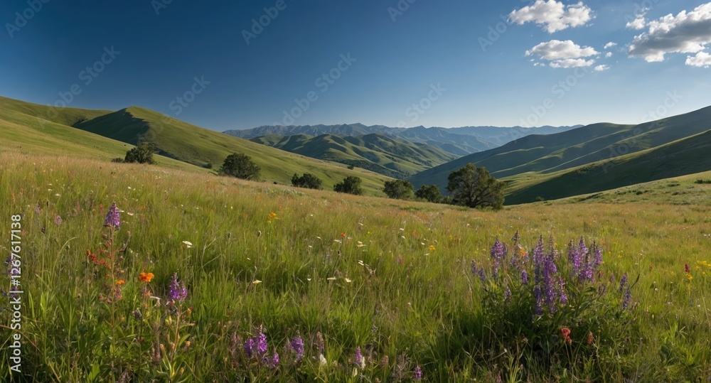 Vibrant Mountain Meadow Landscape with Wildflowers Under Clear Blue Sky and Copy Space for Text in Scenic Nature Background Vibrant Mountain Meadow Landscape with Wildflowers Under Clear Blue Sky and Copy Space for Text in Scenic Nature Background