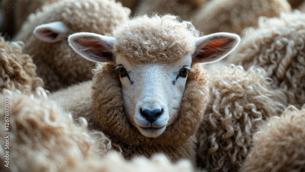 Curly-faced lamb surrounded by flock showcasing soft wool for farm and textile backgrounds. Ideal for agricultural and nature themes. Curly-faced lamb surrounded by flock showcasing soft wool for farm and textile backgrounds. Ideal for agricultural and nature themes.