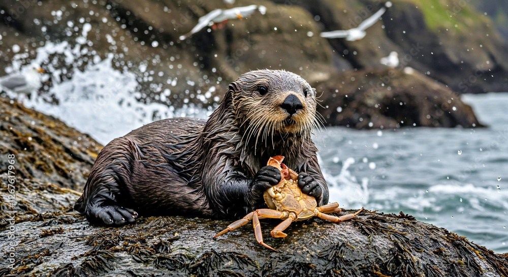 Fototapeta premium A Sea Otter Resting on a Partially Submerged Rock, Using a Smooth Stone to Crack Open a Freshly Caught Crab