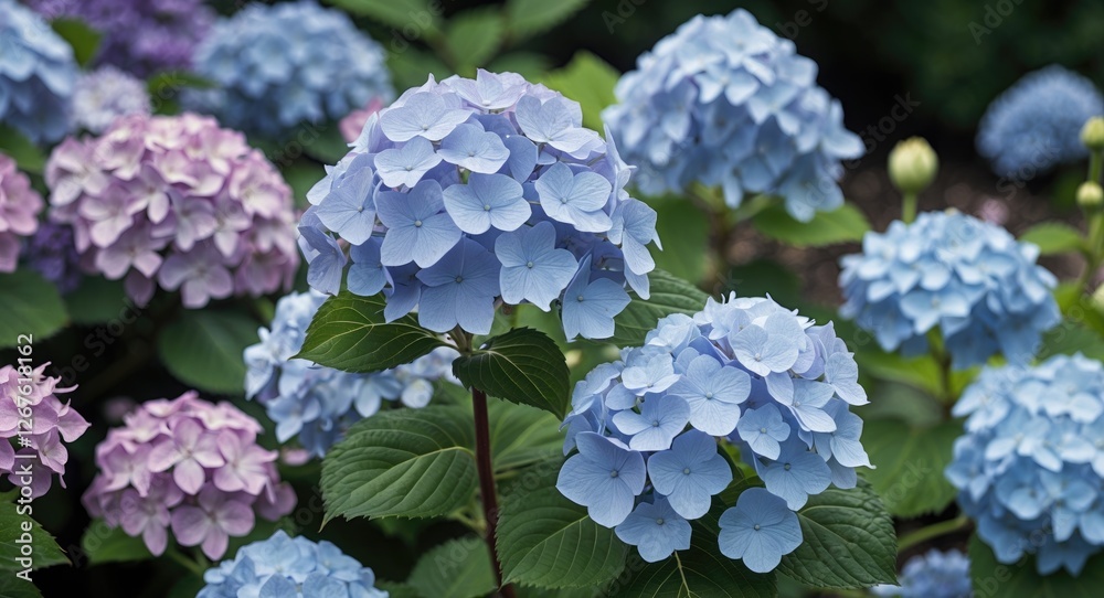 Hydrangea Blooms in Vibrant Colors Surrounded by Lush Green Foliage in a Serene Garden Setting Hydrangea Blooms in Vibrant Colors Surrounded by Lush Green Foliage in a Serene Garden Setting