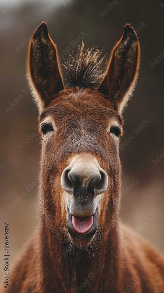 Brown donkey with a joyful expression standing in a natural setting during the day Brown donkey with a joyful expression standing in a natural setting during the day