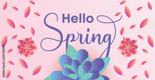 Hello spring web banner greeting card background. Spring season background with colorful flowers and modern trendy design. Spring text with bloom flowers for holiday season celebration template