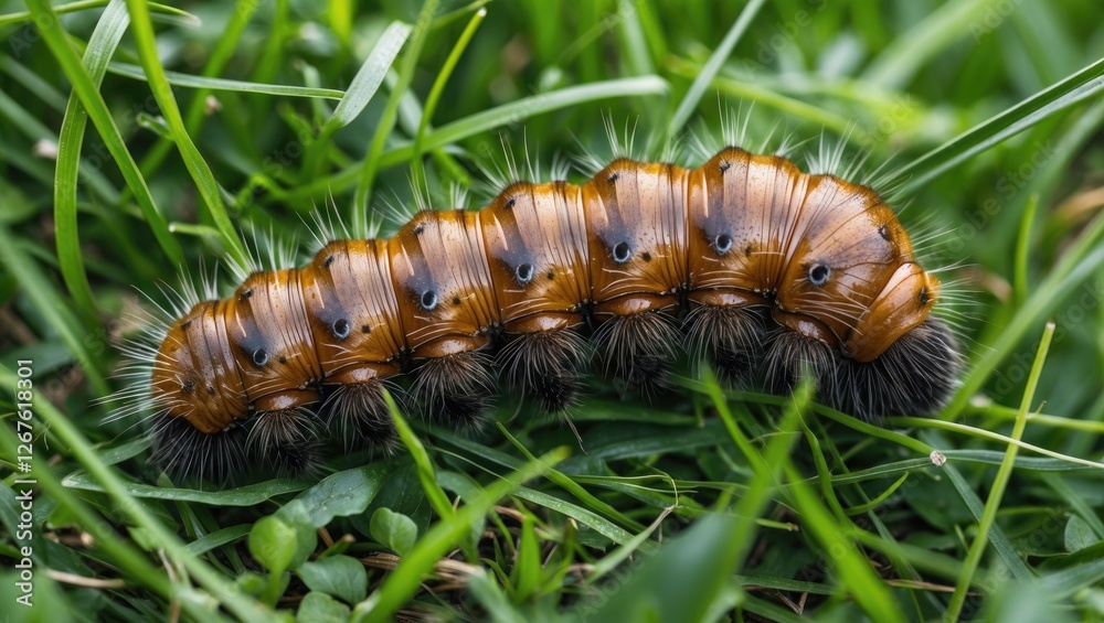 Fototapeta premium Hairy Brown Caterpillar Crawling on Fresh Green Grass in Natural Habitat