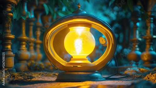 Vintage lantern casting warm yellow light in a tranquil outdoor setting surrounded by greenery and soft atmospheric shadows.