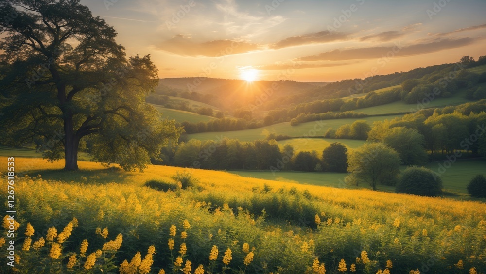 Obraz premium Summer Sunset Over Golden Field with Lush Green Hills and Tree Silhouette for Text Placement