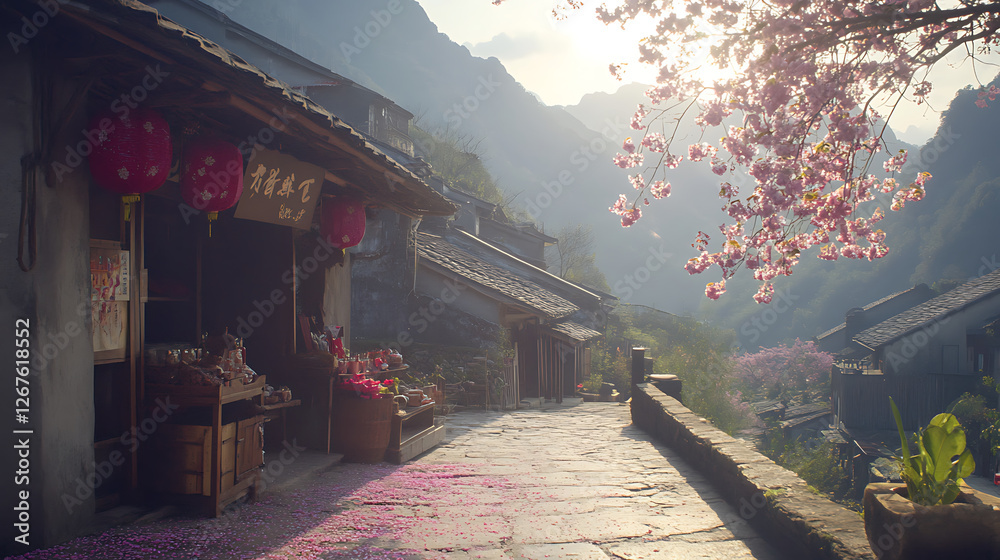 Obraz premium Cherry blossom petals adorn a mountain village street, shadowed shopfronts illuminated by lanterns beneath the rising sun.